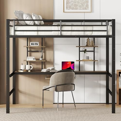 Hochbett mit Schreibtisch und zwei Bücherregalen, Kinderbett Bettgestell Metallbett Eisenbett, 140x200cm Funktionsbett Etagenbett Stockbett Jugendbett für Kinder, Jugendliche und Erwachsene, Schwarz
