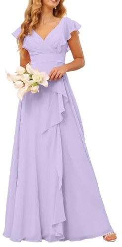 HPPEE Langes Chiffon-Brautjungfernkleid für Damen, V-Ausschnitt, gerüscht, geteilt, langes formelles Abendkleid WYX523, Flieder, 38