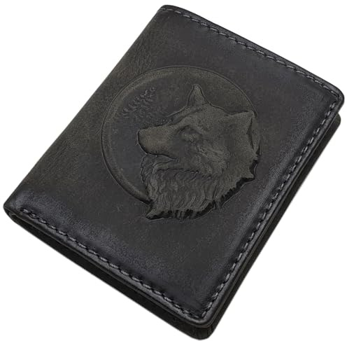 Kleine Büffel-Vollleder Geldbörse (3D Wolf Prägung / Vintage-Grau) | RFID & NFC Schutz, Geldbeutel, Portemonnaie, Geldtasche