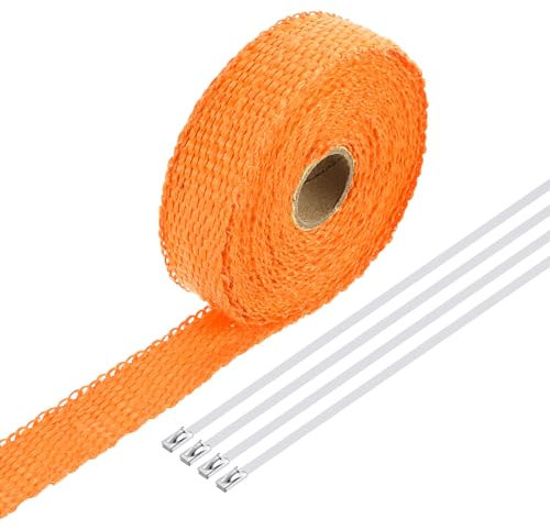 QUARKZMAN Cinta de Envoltura de Escape de Fibra de Vidrio, 1 x 16' Naranja para Colectores de Calor con 4 Bridas de Acero Inoxidable para Hot Rods y Motocicletas