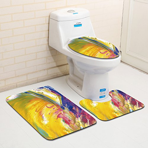 Bad Teppiche Set 3-Teiliges Gelb Lila Abstract WC Vorleger Mit Ausschnitt Badematte Saugfähig WC Deckelbezug Badvorleger rutschfest Waschbar Toilettensitzbezug Badgarnitur (50x80cm)