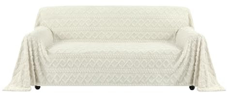 Easy-Going Jacquard Flanell Sofa Couch Überzug 3 4 Sitzer, Rutschfester Sofabezug Sofaschutz Hund Katze, Weiche Sofadecke für Bett, 1 Stück Waschbarer Sofaüberwurf, 203X338 cm/80X133 in, Elfenbein