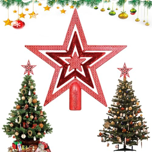 Weihnachtsbaumspitze Stern, Glitzernde Weihnachtsbaumspitze Rot | Bruchsicherer Christbaumspitze Stern Glänzend & Elegant | 20cm Tannenbaumspitze für Festliche Optik, Baumspitze Weihnachten