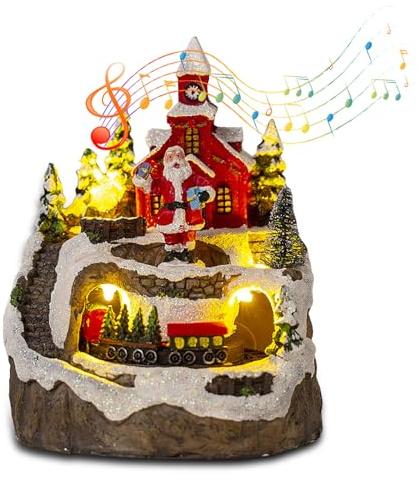 Longzhuo Weihnachtsdorf Mit Beleuchtung, Musikalische Weihnachtsdekoration mit rotierendem Zug 8 weihnachtliche Themen-Sounds, LED Weihnachtsdorf Gebäude für Familie und Freunde (Weihnachtsmann)