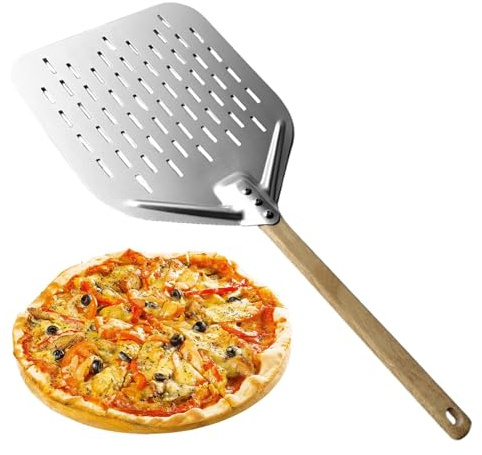 Pala de pizza para horno de pizza y espátula, pala de pizza de aleación de aluminio de 12 pulgadas con mango de madera, deslizador de pizza perforado antiadherente, pala hueca para pizza para uso