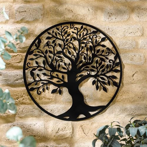 Tree of Life Garden Wall Art – Decorative Verdigris Iron Indoor Outdoor Plaque Sculpture Ornament with Integral Hanging Hook for Balcony, Fence, Patio, Decking, Garage, Shed, Yard (45cm Diameter)