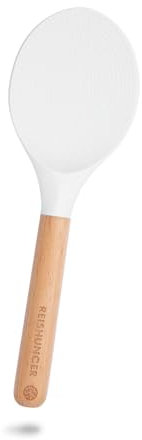REISHUNGER Silikonlöffel, hitzebeständiger Löffel aus BPA-freiem Silikon und schlankem Holzgriff, für empfindliche Beschichtungen wie Wok und Pfanne geeignet - weiß