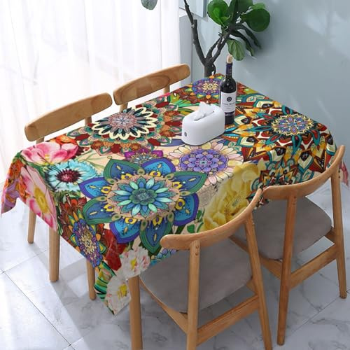 LANAIQO Rectangle 54x72 Boho Floral Table Cloth, Colorful Flowers Tablecloth Oil-Proof Waterproof Kitchen Dining Room Decorative Table Cover for Party Birthday Outdoor Indoor