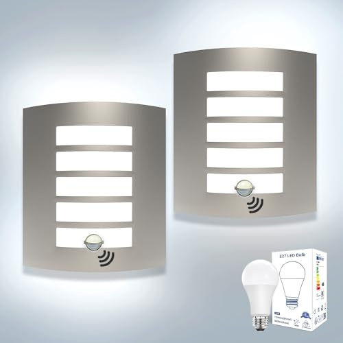 Unikcst 2X Outdoor Wall Lights PIR Motion Sensor Curved Outside Lights | IP44 Waterproof Stainless Steel Exterior Wall Sconce Incl. 12W LED E27 Bulbs Cool White 6000K