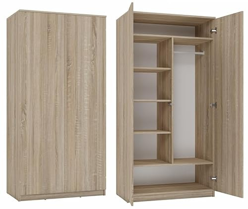 BDW Kleiderschränk 2 Türen, 6 Einlegeböden, Kleiderständer, Mehrzweckschrank, Schubladenschrank, Garderobenschrank für Schlafzimmer, Wohnräume, 180x90x50cm, (Eiche Sonoma)