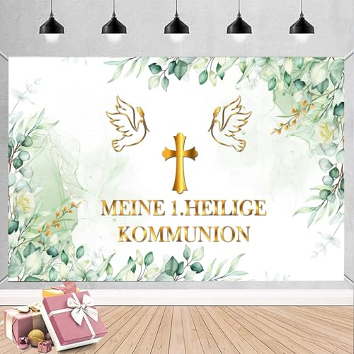 Kommunion Banner Erstkommunion Banner Erste Heilige Kommunion Deko Konfirmation Deko Gold Grün Hintergrund Hängedeko für Junge Mädchen Wand Party 110 * 180cm