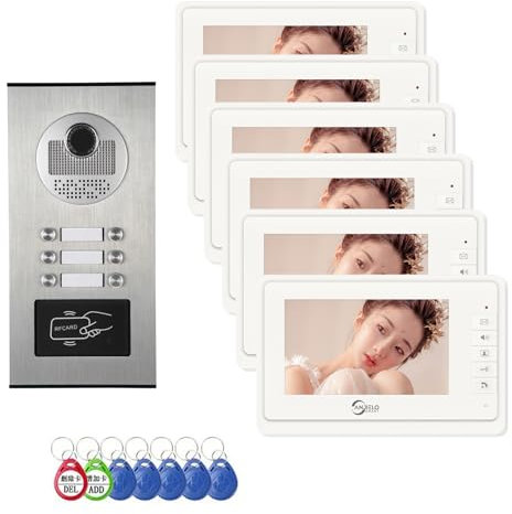 Système d'interphone vidéo filaire pour appartement, kit de visiophone avec 6 unités moniteur 17,8 cm, sonnette vidéo intérieure/extérieure, déverrouillage par carte d'identité, audio bidirectionnel