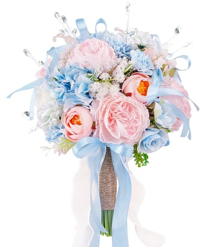 Baby Blue Pink Crystal Wedding Bouquets for Bride Bridesmaid Artificial Fake Roses Flowers Pastel Pink Bridal Bouquet Spring Beach Boho Rustic Wedding Decor Toss Bouquet Prom Ceremony Anniversary