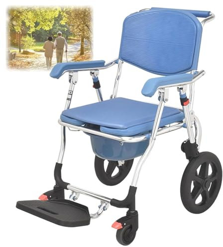 Duschstuhl mit Rollen, Ergonomisch wasserabweisend Toilettenstuhl für Senioren, Blau Dusch Toilettenstuhl Fahrbar mit Urineimer, für Patienten Senioren Behinderte Schwangere