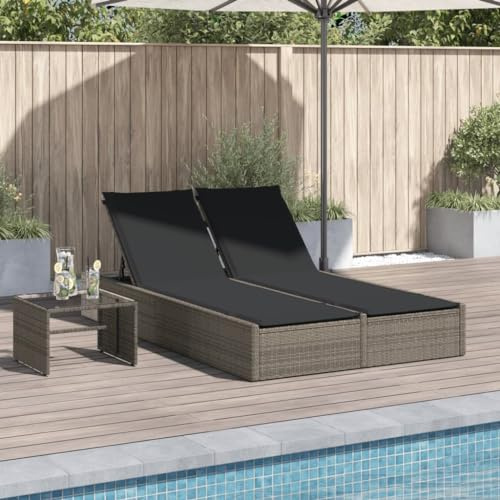 IKAYAA Sonnenliege für 2 Personen, Polyrattan Doppelliege Wetterfest, Sonnenbett, Outdoor Bett, Gartenbett, Sonneninsel, Garten Relaxliege Grau