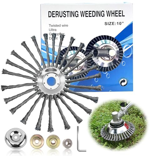 LUMOOM Profi Unkrautbürste für Freischneider, Wildkrautbürste für Motorsense mit 25,4 mm Bohrung und Installationszubehör, Drahtbürste Freischneider für effektive Moosentfernung (10 Zoll)