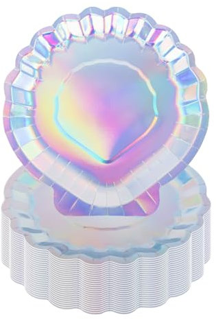 CEILIWEN 25-Pack Silver Seashell Paper Plates (7 inch/18cm) - Iridescent Party Tableware for Under The Sea Theme, Birthday, Baby Shower, Mermaid or Ocean Themed Celebrations (7 inch)