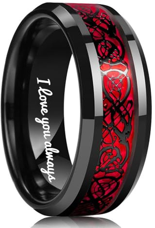 ZatoviG Paar Ringe mit Gravur Eheringe Partnerringe Verlobungsringe für Frauen Wolfram Herren Schwarz Rot Zirkonia Ring Personalisierter Wolfram Ring Größe 49-70