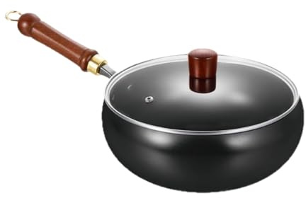 Wok chino hecho a mano de hierro fundido, 28 cm, antiadherente, con tapa y mango de madera, resistente a los arañazos, sartén sin revestimiento para hornear y freír