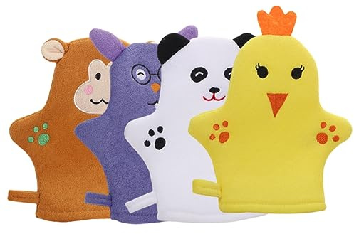 BESTYASH Guanti Esfolianti per Massaggio e Pulizia della Pelle in Bagno per Bambini 4 Pezzi in Poliestere Design Animali Morbidi e Delicati