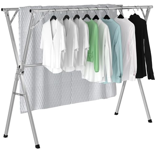 OUUTMEE Séchoir à Linge Pliable Acier Inoxydable, 200CM | Intérieur et Extérieur, Extensible Grande Capacité, 20 Crochets Coupe-Vent