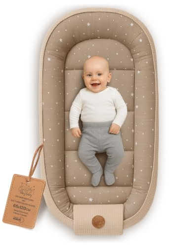 Babynest Neugeborene Nestchen Baby 90x50 cm - Kokon Handmade zweiseitig aus Baumwolle Waffel mit Babynestchen Beige mit Weiß Sternen