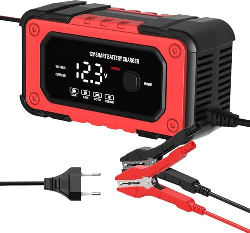 Cargador de Batería de Coche - Cargador de Mantenimiento Inteligente 12V y 6A - Mantenedor Desulfatador Automático con Pantalla LCD para Camión Moto ATV,para Garaje Exteriores Carretera