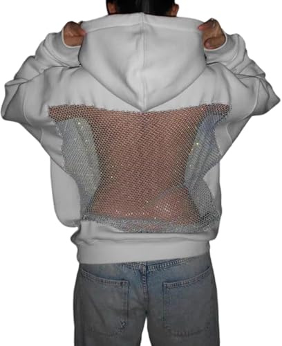 Felpa con cappuccio da donna con retro in rete di cristallo felpe oversize casual a maniche lunghe pullover maglione inverno autunno abiti regalo aperto posteriore drappeggiato in rete di cristallo