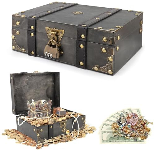 Mailfull Trä Vintage Skattkista Med Lås 24 x 17 x 9,5 cm Piratskattkista Förvaring för Barn Smyckeskrin för Förvaring och Dekoration
