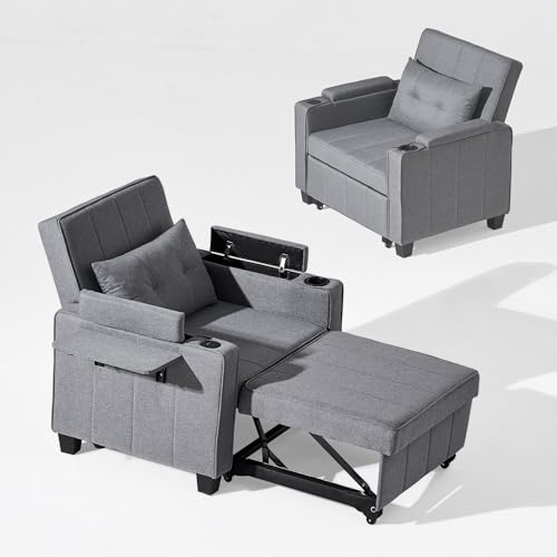 CLIPOP Schlafsofa, 3-in-1 Schlafsessel mit Bettfunktion, Ausziehbarer Sofa mit Schlaffunktion mit USB-C, 3-stufig Verstellbarer Rückenlehne (105°-160°), Stauraum & Getränkehalter (Leinen, Grau)