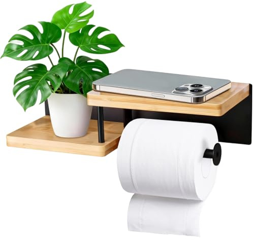 Toilettenpapierhalter mit Ablage, Klorollenhalter Toilettenpapierhalter Holz Klopapierhalter Schwarz Enthält Alle Installationstools für Küche und Badzimmer