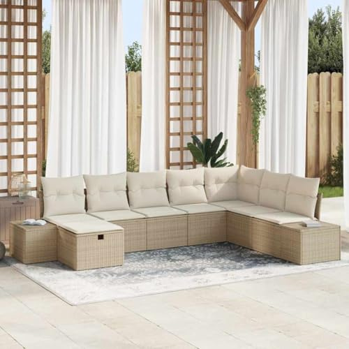 Hoopleep Garten-Sofa-Set mit Kissen, 8-teilig, Beige Poly Rattan, Modulares Loungeset für Terrasse, Außenbereich, UV-beständig