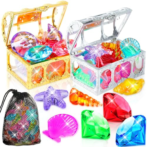 MARFOREVER 26Pcs Dive Gems Pool Toys with Pirate Treasure Chest Storage Bag | Big Colorful Diamond Gemstones, Dive Gems, Kids Toddlers Underwater Sinking Toys, Swimming Bath Birthday Party Decorations