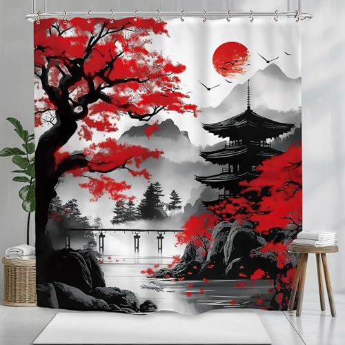 UUZEAI Japanischer Duschvorhang 120 x 160 cm Kirschblüten-Motiv, asiatisch-orientalisches Badezimmerdekor, wasserdichter Stoff, Duschvorhang-Set mit Haken, Rot und Schwarz