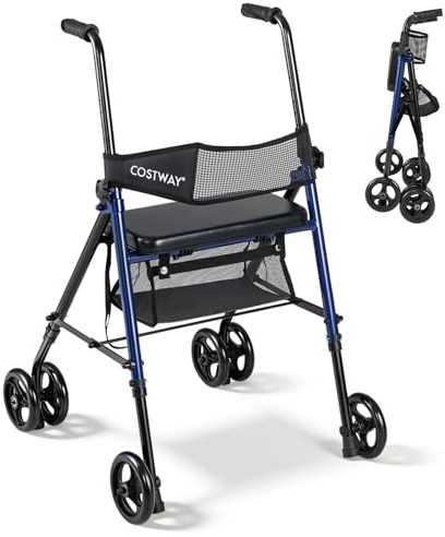 COSTWAY Deambulatore Pieghevole Ultraleggero per Anziani con Sedile | Girello a 4 Ruote con Schienale e Borsa a Rete per Disabili, Portata 136 kg