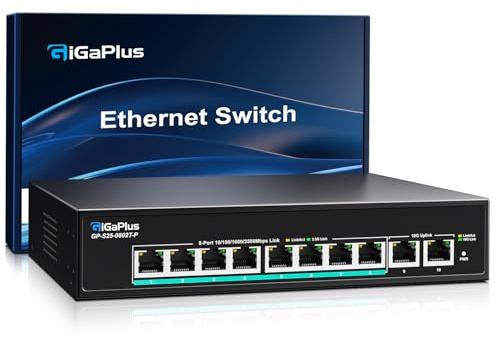 10-Port 10Gb Unmanaged PoE Ethernet Switch with 8*2.5G Base-T PoE Ports, 2*10G RJ45 Ports. 80Gbps Switching Capacity, GiGaPlus 10Gbps Network Switch for 2.5G/10Gbps NAS/PC, WiFi6 Router, Wireless AP