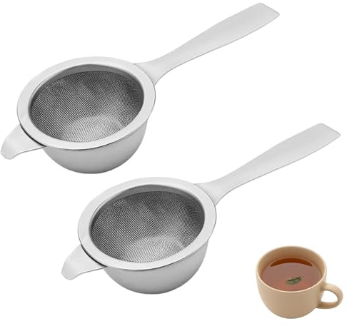 2 Tea Strainers with Single Handles and 2 Cup Holders, Tea Strainers for Loose Tea - Mini Sieve with Long Handle & Drip Tray, Dishwasher Safe Infuser for Mug/Cup/Teapot