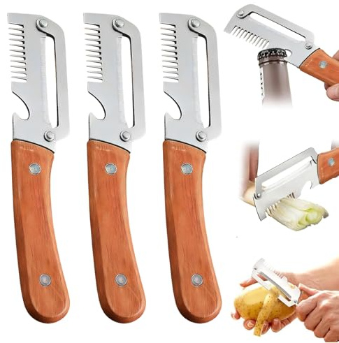 3 Unidades Pelador De Verduras Multifuncional, Stainless Steel Peeler, Pelador Con Mango De Madera, Fácil De Pelar, Cortar Y Rallar, Apto Para Muchos Tipos De Frutas Y Verduras