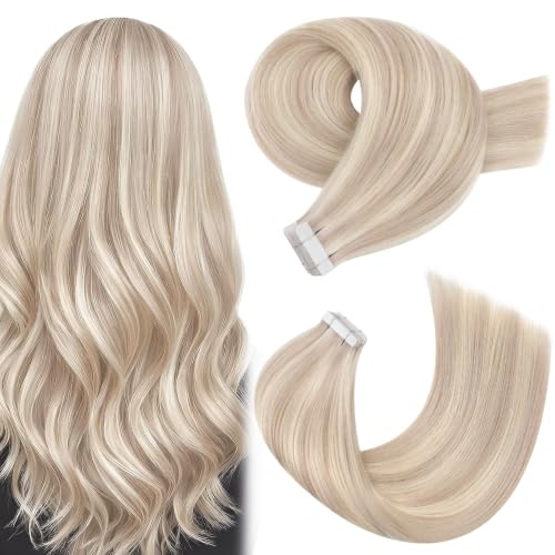 Moresoo Tape in Hair Extensions Human Hair Ash Blonde Highlight 22 Inch 50g | Salon Quality, Adds Volume to Fine Hair, Long Lasting Hold, For Wedding and Party Styling, Adds Dramatic Length, Dyeable