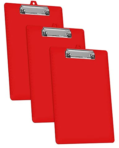 Acrimet Klemmbrett A4 (34 cm x 24 cm) Flacher Metallklammer mit seitlichen Linealen (Plastik) (Rot Farbe) (3er-Pack)