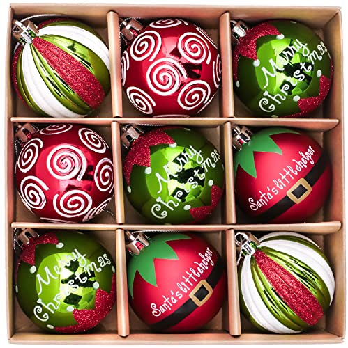 Victor's Workshop Weihnachtskugeln 9tlg. 6cm Kunststoff Christbaumkugeln Weihnachtsdeko Weihnachtsbaum Dekoration Set Plastik Weihnachten Deko mit Anhänger Elfen Thema Rot Grün Weiß