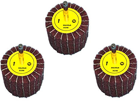 3 Stück Fächerschleifer mit Vlies-Gewebekombination 60mmx50mm, 6mm Einspannschaft, Körnung: 240 - Schleifmopstift, Lamellenschleifer, Schleifmop Schleifvlies, Lamellenrad mit Schaft.