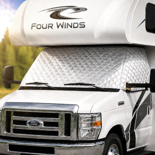 LATCH.IT RV Windshield Cover for Ford Class C E450 1997-2026 | Windshield Cover for RV Class C NOT for Transit Vans | RV Front Window Cover with Mirror Cutout & Corner Bands | Add Privacy & Protection