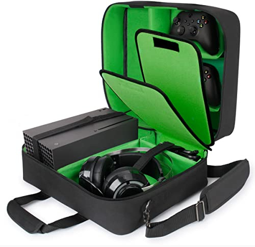 USA Gear Xbox Case - Console Case Compatible with Xbox Series X and Xbox Series S with Customizable Interior for Xbox Controllers, Xbox Games, Gaming Headset, and More Gaming Accessories (Green)