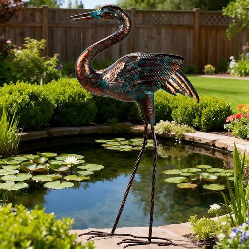 Natelf Garden Crane Statues for Outdoor Standing Patina Heron Decoy Yard Sculptures, Metal Bird Art Ornaments for Patio Lawn Pond Backyard Decorations