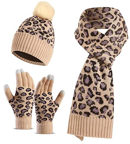 LumiSyne Winter 3 In 1 Mütze Schal Handschuh Sets Für Damen Beanie Strickmütze Langer Schal Touchscreen Handschuhe Leopard Stricken Mit Pompon Bommel Weicher Warme Dicke Futter