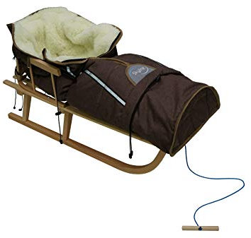 Holzschlitten für Kinder mit Rückenlehne Rodelschlitten Davoser Schlitten aus Holz mit einem Sicherheitsgurt, Rückenlehne und Winterfußsack (Natur/Braun Schlafsack)