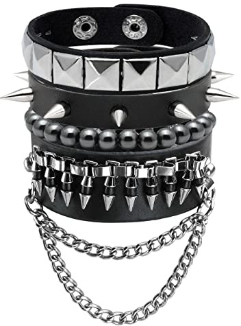 Manfnee Punk Gothic Armband für Herren Damen Leder Spike Rivet Metall Nieten Wristbang Manschette Schwarz