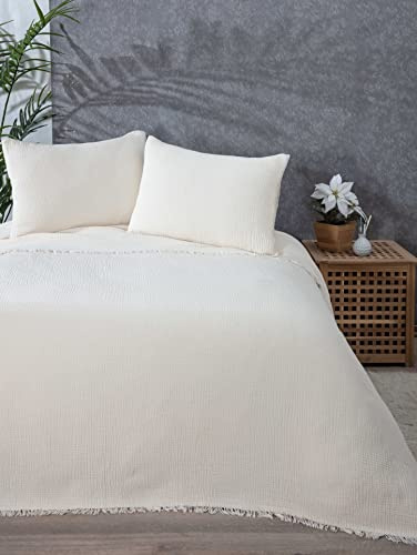 DEKADRON Coperta in 100% mussola di cotone, copriletto a 4 strati, copriletto in morbida mussola di cotone turco, reversibile, avorio (king size 95 x 102-230 x 260 cm)