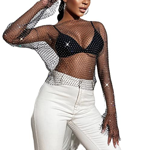 Damen Mesh Langarm Tops Sexy Durchsichtige Hemden Glitzer Pailletten Tops Blusen Einteiler,Schwarz,S